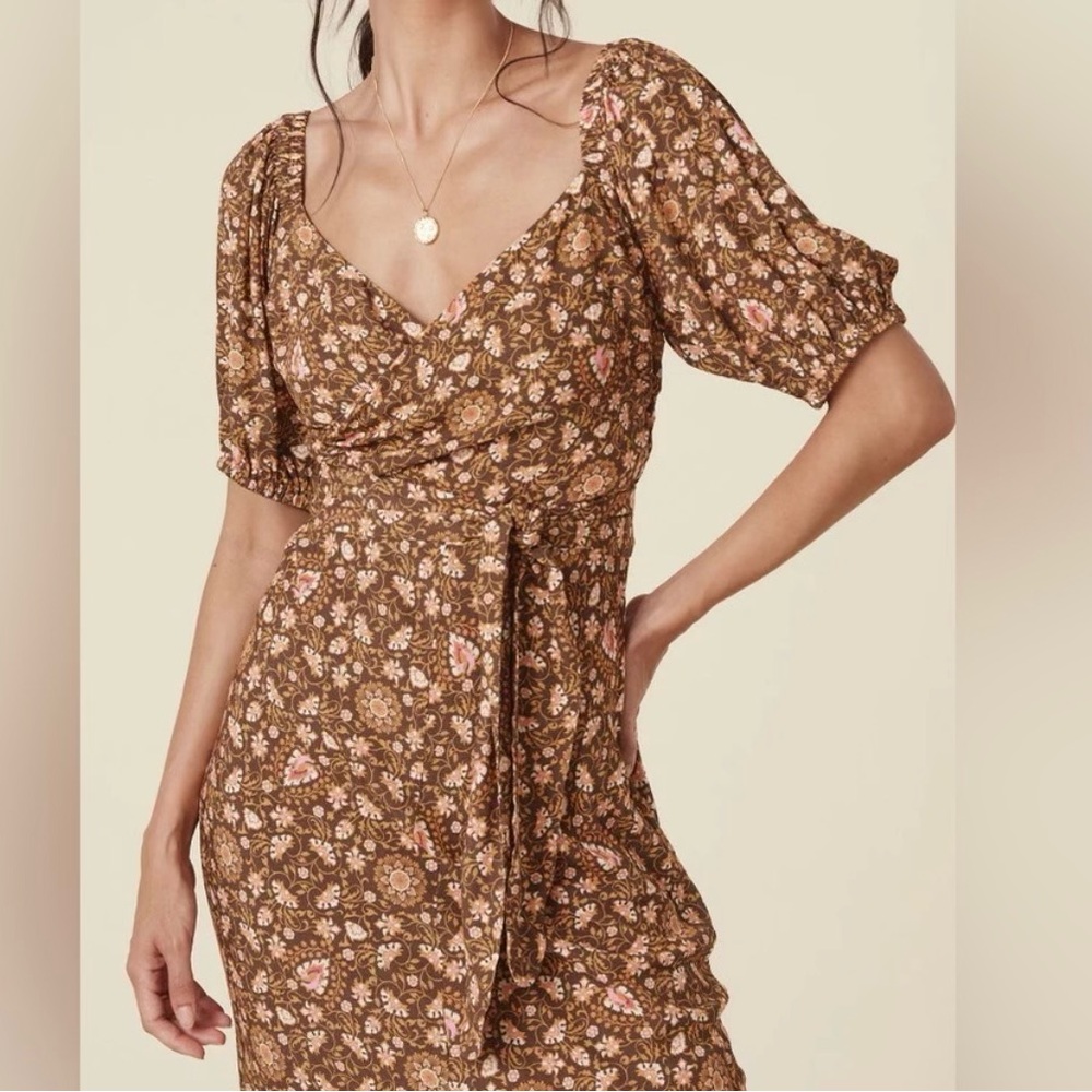 Spell Brown Floral Wrap Midi Dress with Puff Sleeves